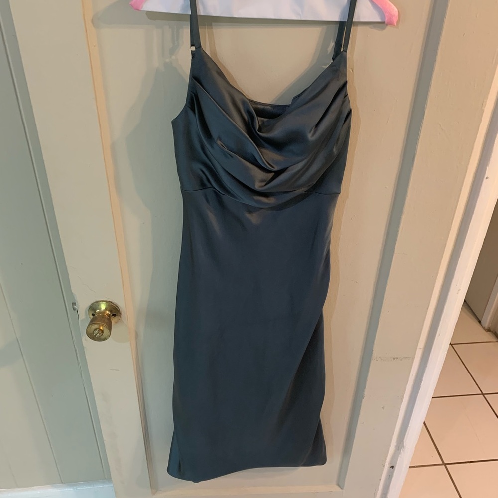 Revelry Sky Midi Satin Dress. Color: Eucalyptus. Size: 4.